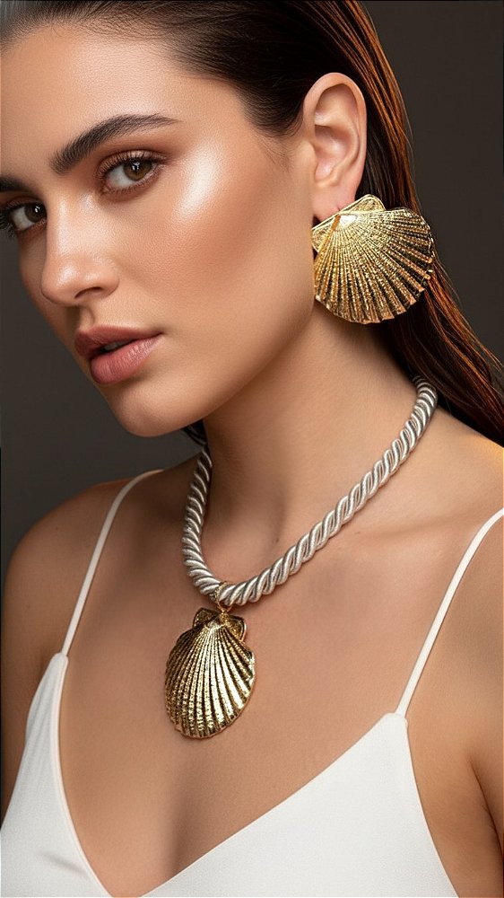 Conjunto Cordão Concha Dourado