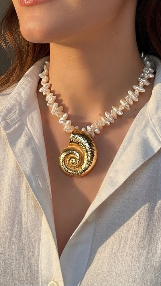 Colar Caracol Pérola Dourado
