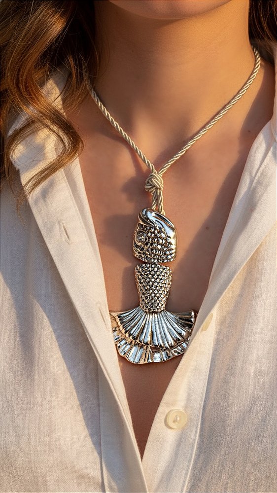 Colar Cordão Máxi Peixe Prata