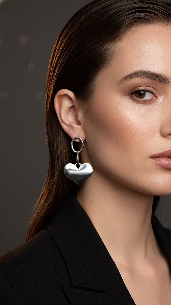 Brinco Pendurado Coração Aço Prata