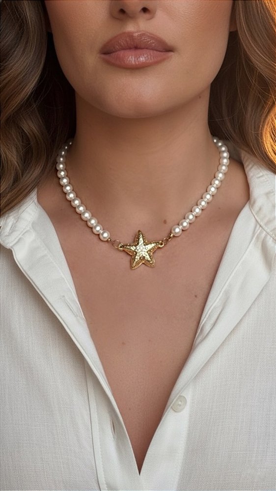 Colar Pérola Estrela Dourada