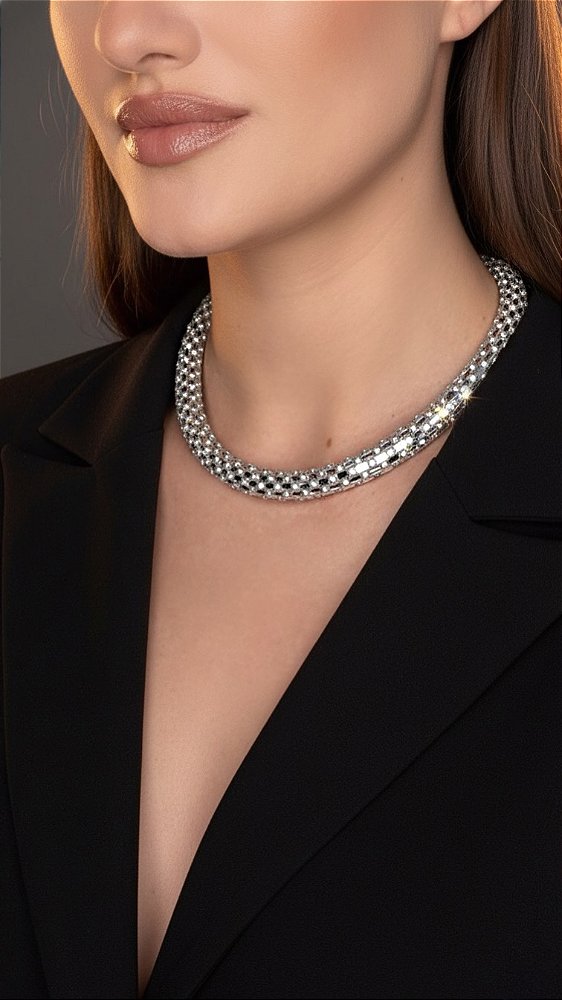 Colar Cordão Pedraria Prata