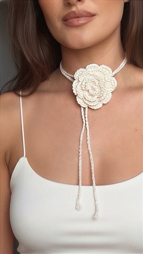 Colar Choker Flor Crochet Off
