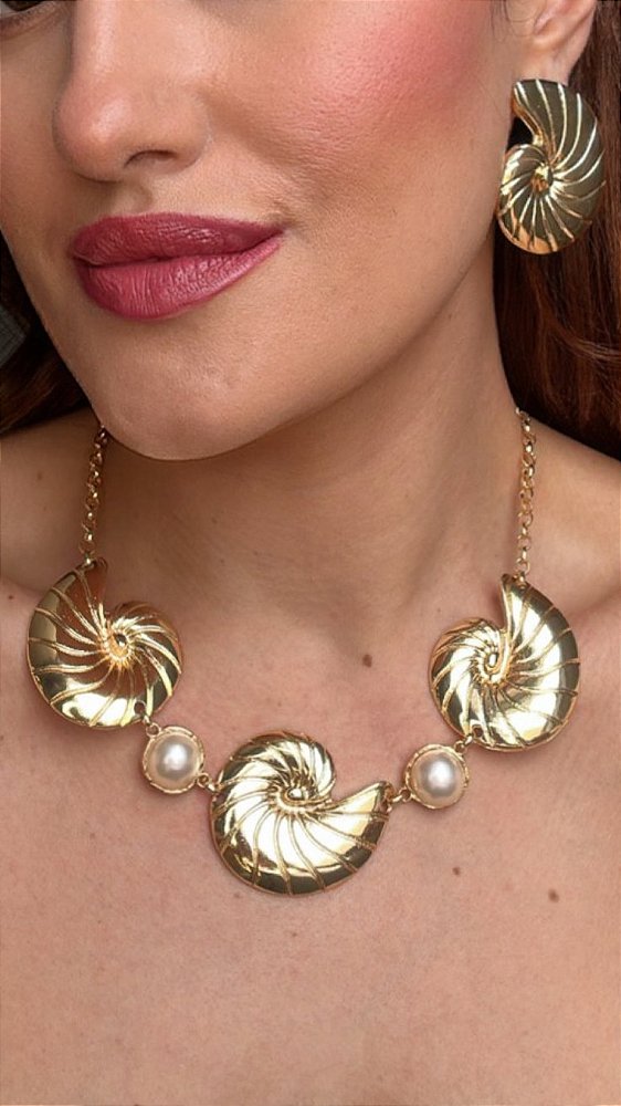Conjunto Caracol Com Pérola Dourado