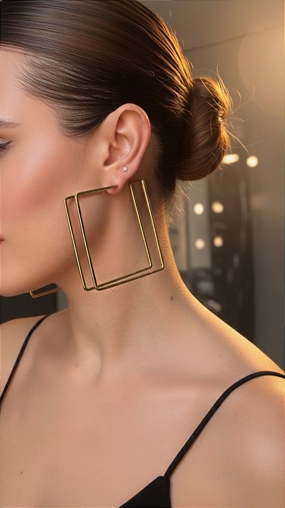 Brinco Máxi Argola Quadrada Dourada