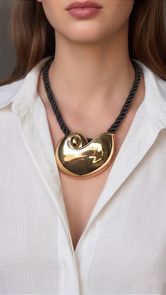 Colar New Caracol Cordão Preto Dourado
