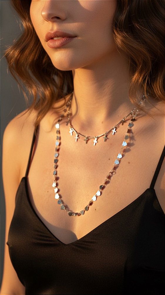 Colar Mix Duplo Cruz Coração Prata