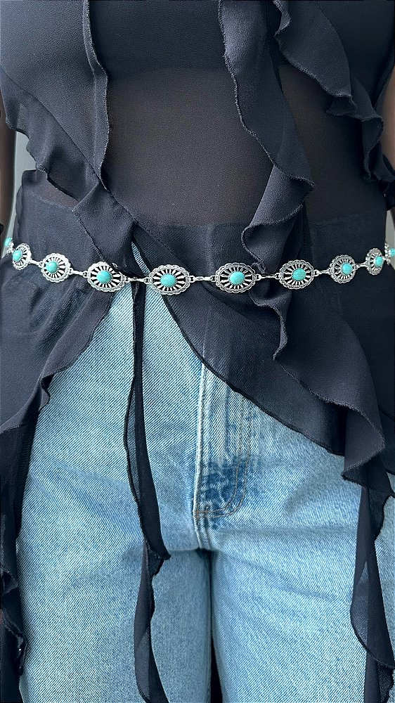 Cinto Metal Boho Pedra Turquesa