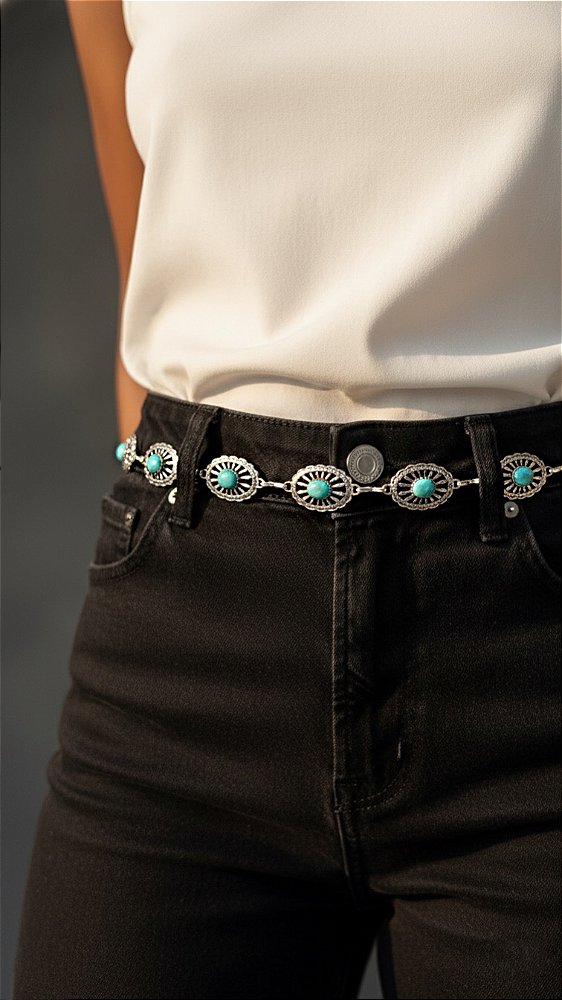 Cinto Metal Boho Pedra Turquesa