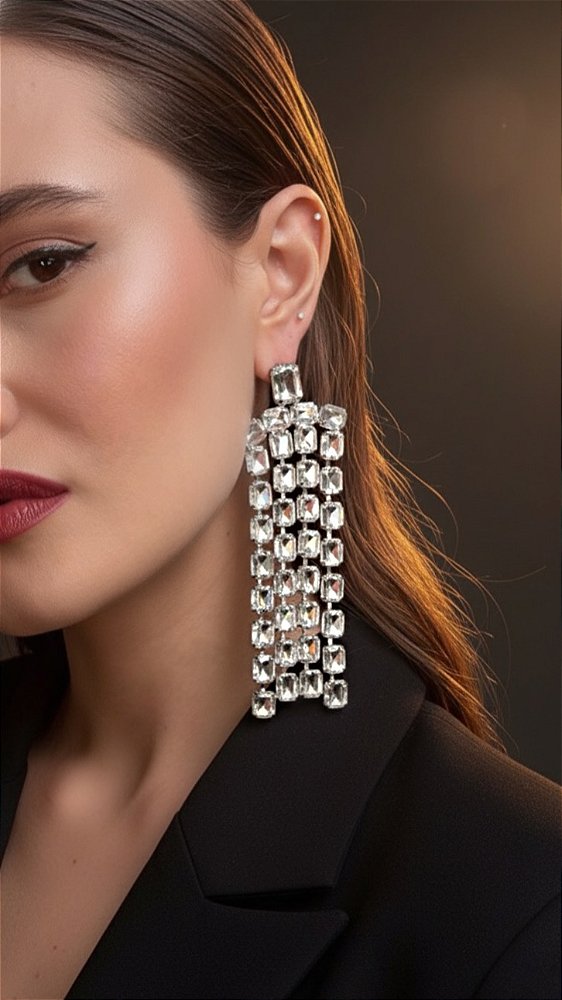 Brinco Cascata Chatons Incolor Prata