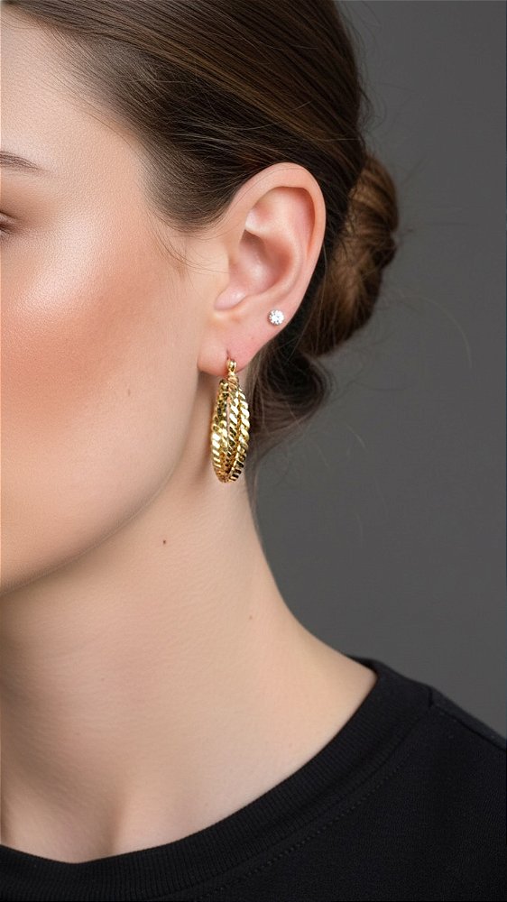 Brinco Argola Trançada Aço Dourado