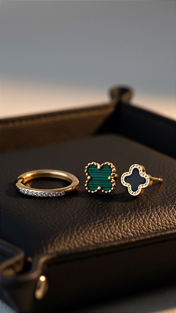 Brinco Trio Composê Aço Argola Insp Van Cleef Dourado