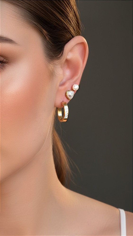 Brinco Trio Argola Cravejada & Pérolas Aço Dourado