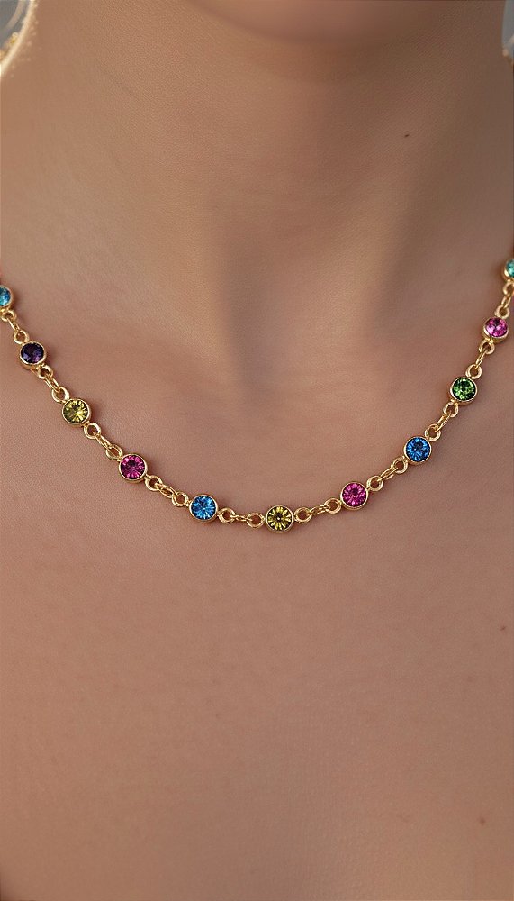 Colar Esferas Pedras Zircônias Coloridas Dourado