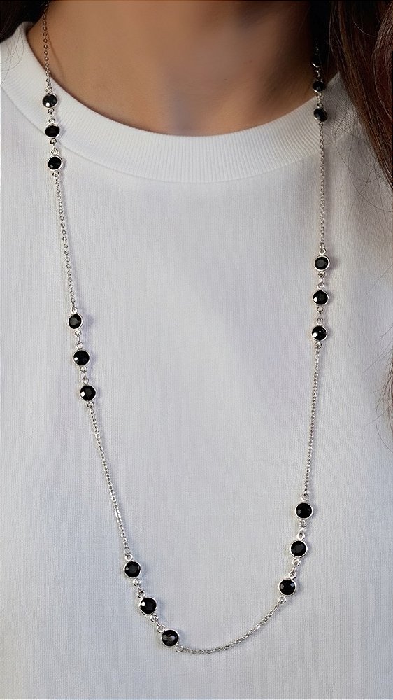 Colar Alongado Cristal Preto Prata