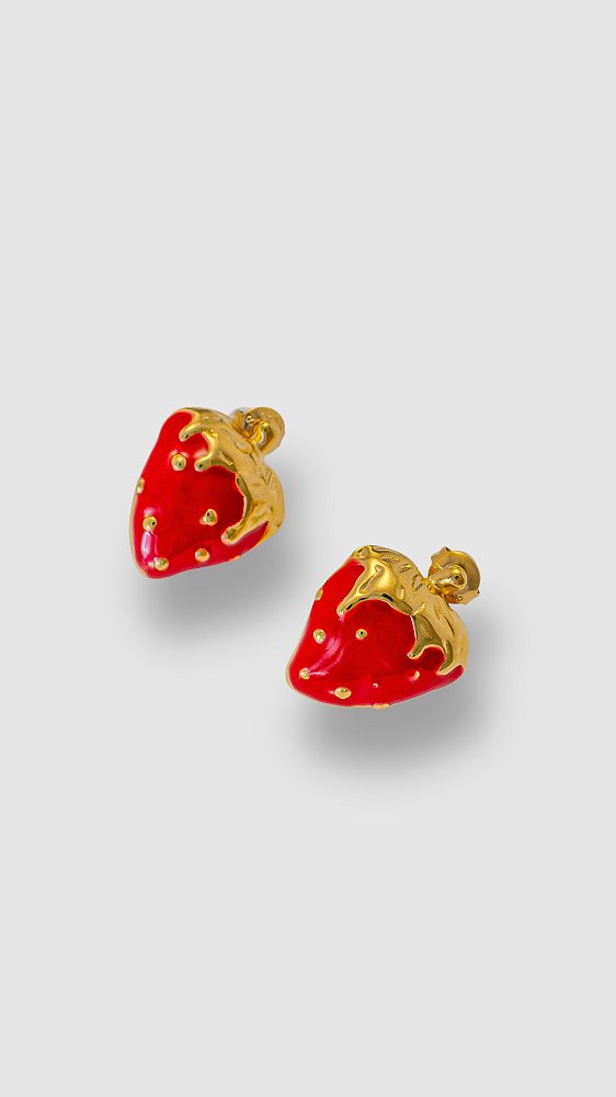 Brinco Morango Esmaltado Aço Dourado