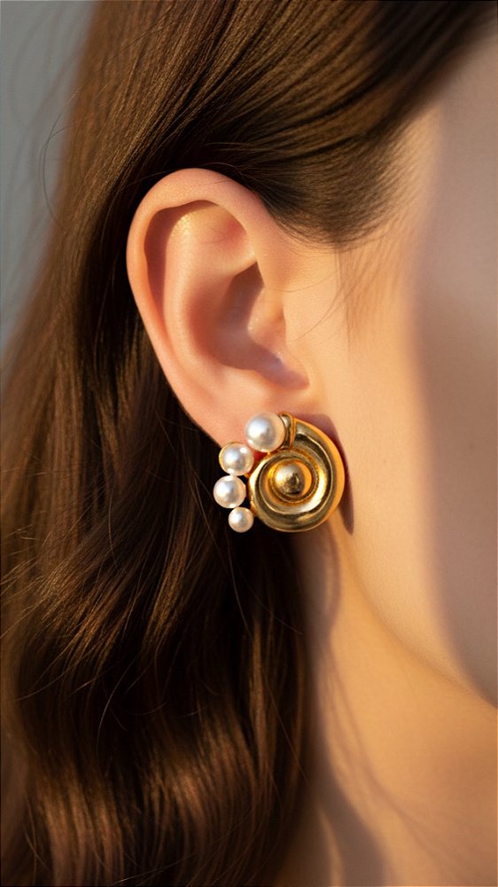 Brinco Caracol Detalhe Pérolas Dourado