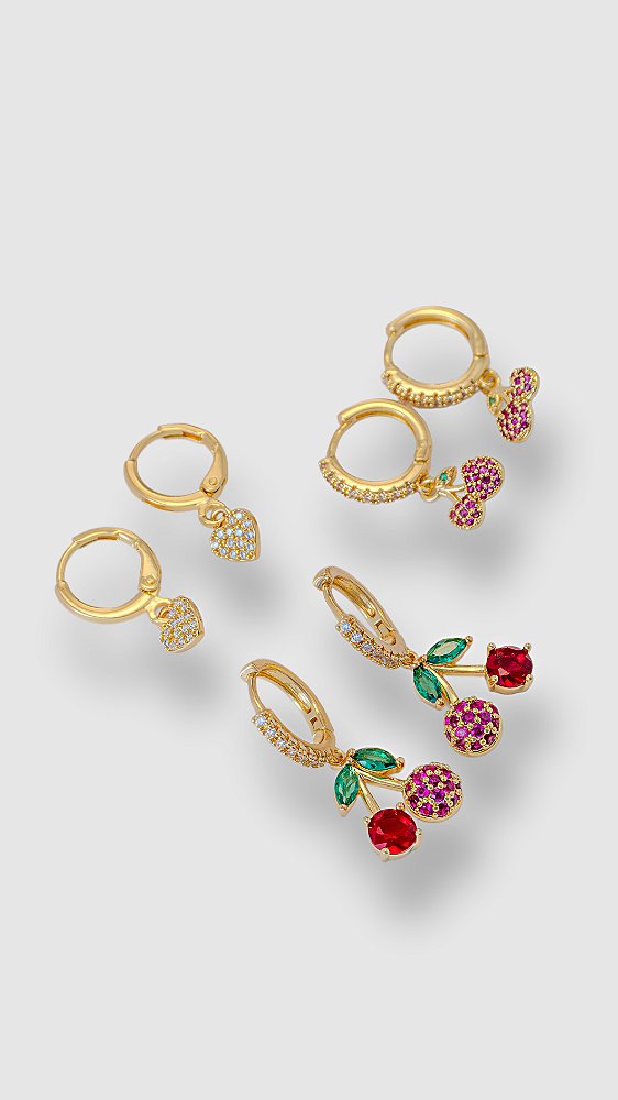 Brinco Trio Cerejinhas Zircônia Dourado