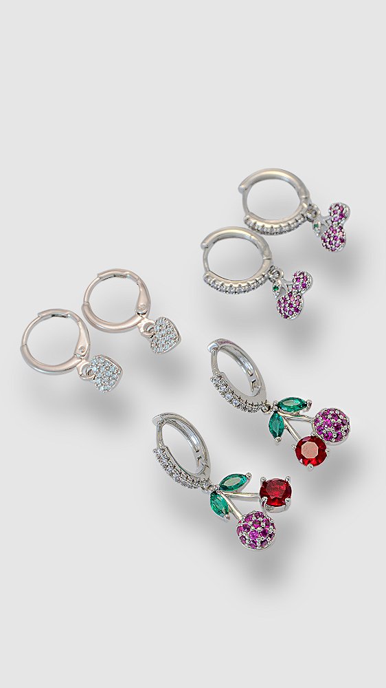 Brinco Trio Cerejinhas Zircônia Prata