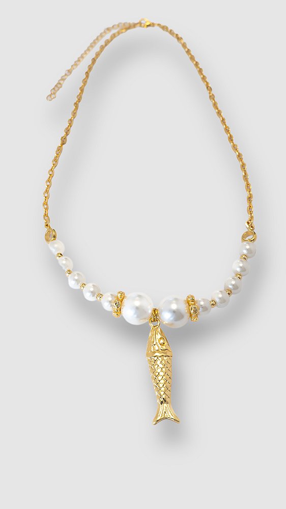 Colar Sardinha Composê Pérolas Dourado