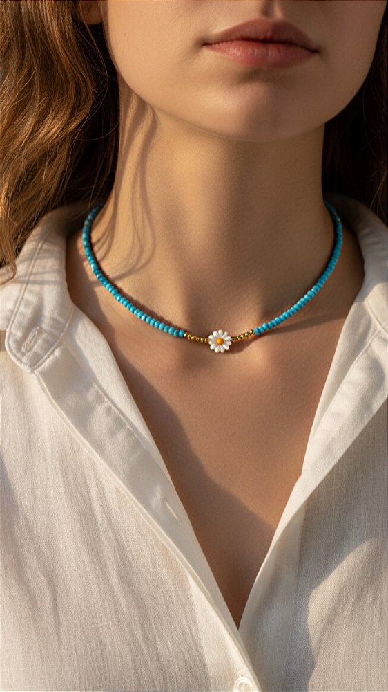 Colar Miçangas Margarida Azul Aço