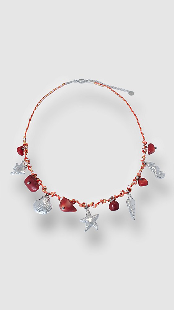 Colar Cordão Vermelho Elementos do Mar Aço Prata