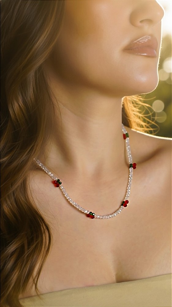 Colar Miçangas Swarovski Cerejinha Transparente Aço