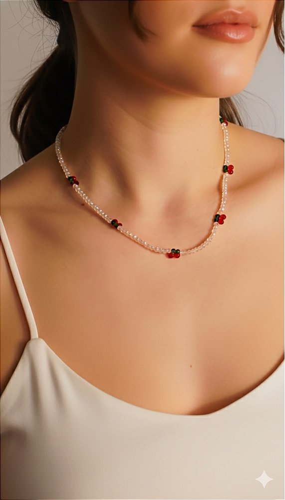 Colar Miçangas Swarovski Cerejinha Rose Aço