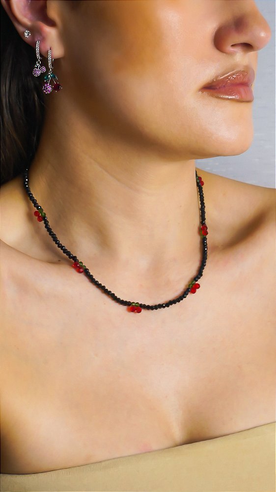 Colar Miçangas Swarovski Cerejinha Preto Aço