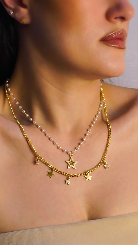 Conjunto Estrela-do-Mar Pérola Aço Dourado