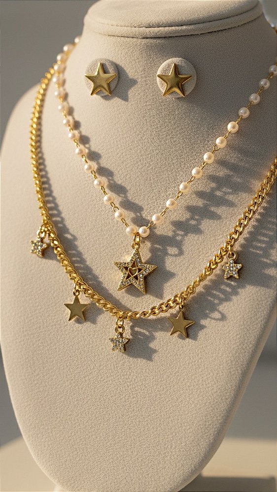 Conjunto Estrela-do-Mar Pérola Aço Dourado