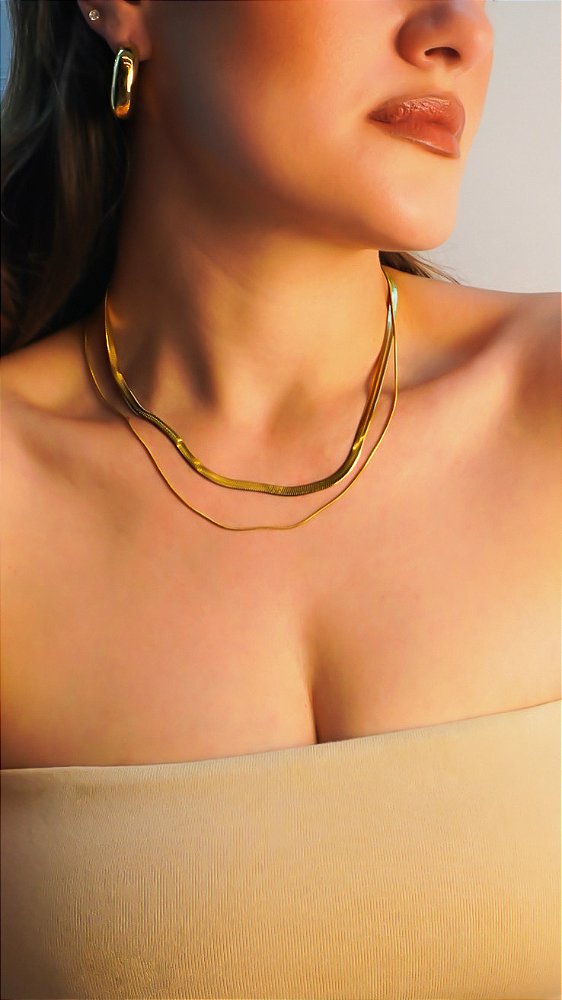 Colar Fita Duplo Dourado Aço