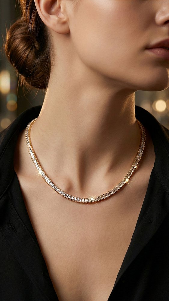 Colar Riviera Baguete 5mm Zircônias Banho Ouro 18K