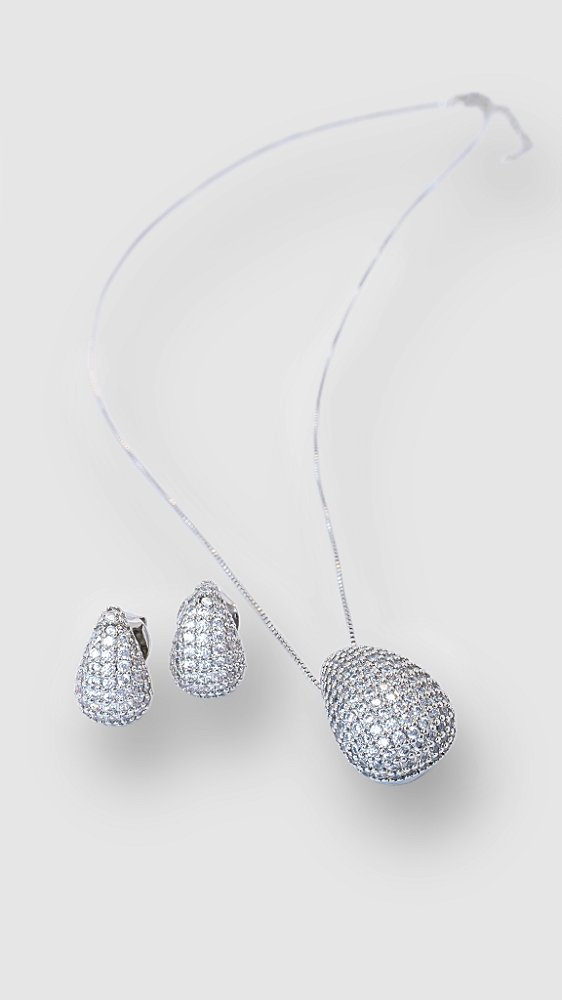 Conjunto Gota Zircônia Cravejado Prata