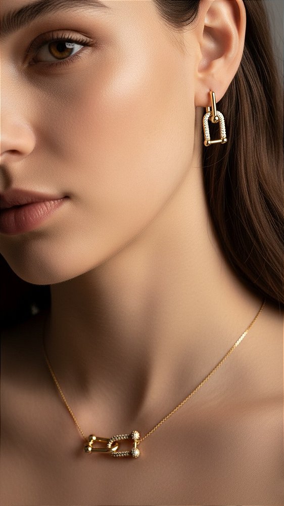 Conjunto Elos Insp Tiffany Zircônia Cravejado Dourado
