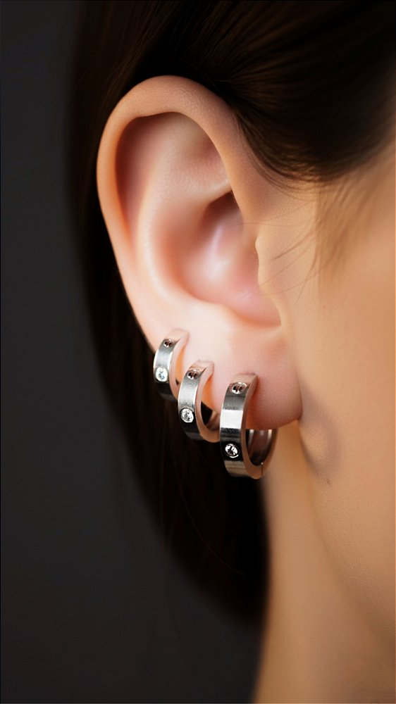 Brinco Trio Argolas Insp Cartier Zircônia Aço Prata