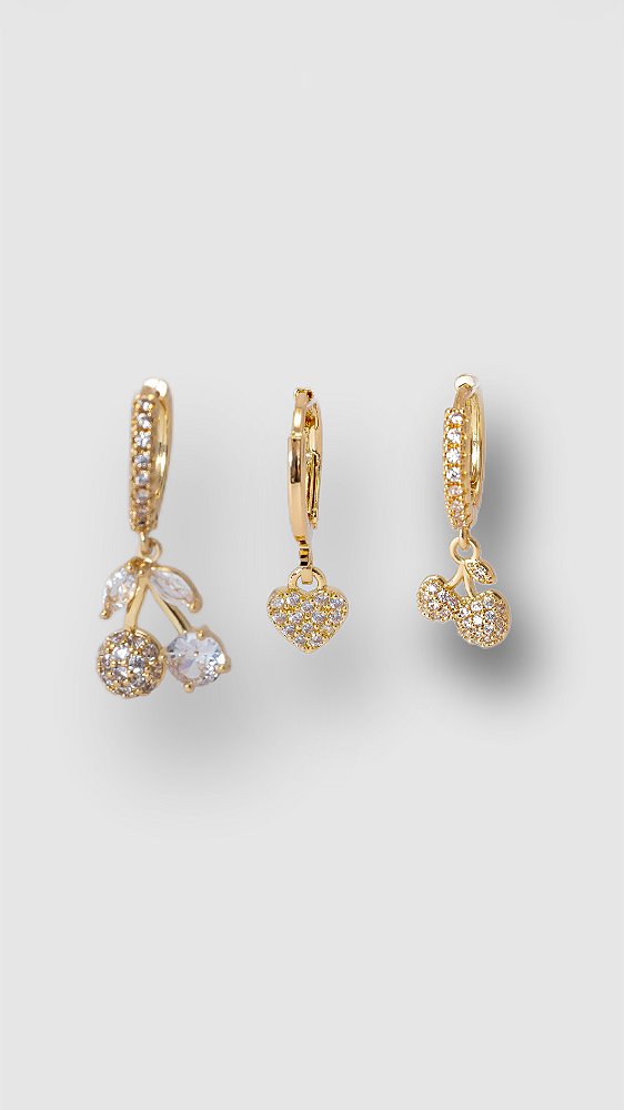 Brinco Trio Cerejinha Zircônia Dourado
