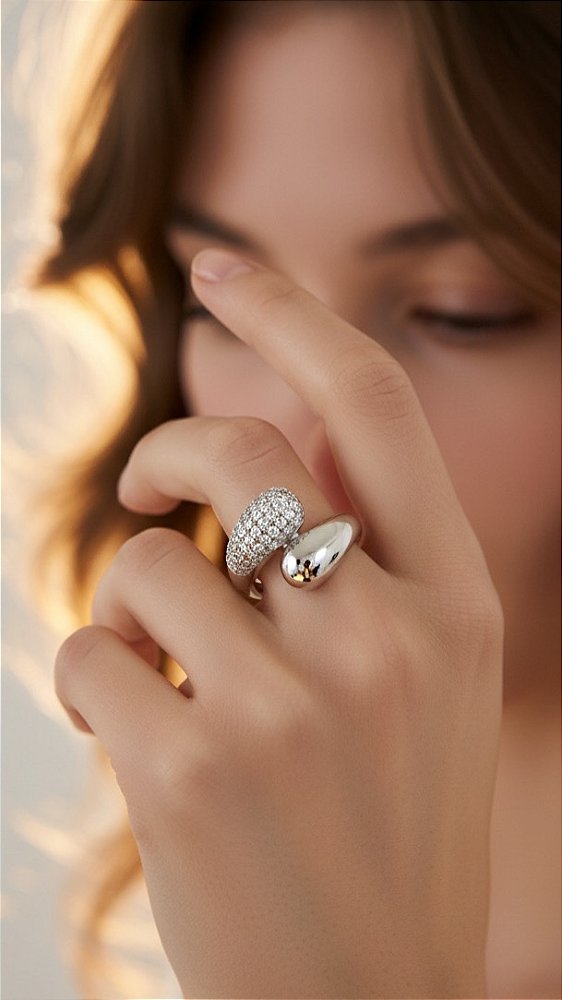 Anel Gota Zircônia Prata Ajustável