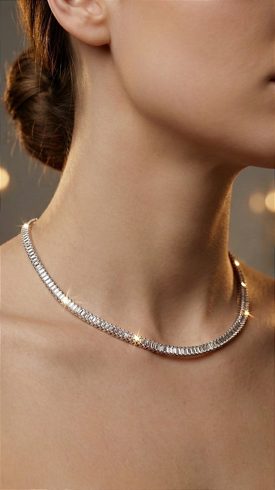 Colar Riviera Baguete Zircônia Prata