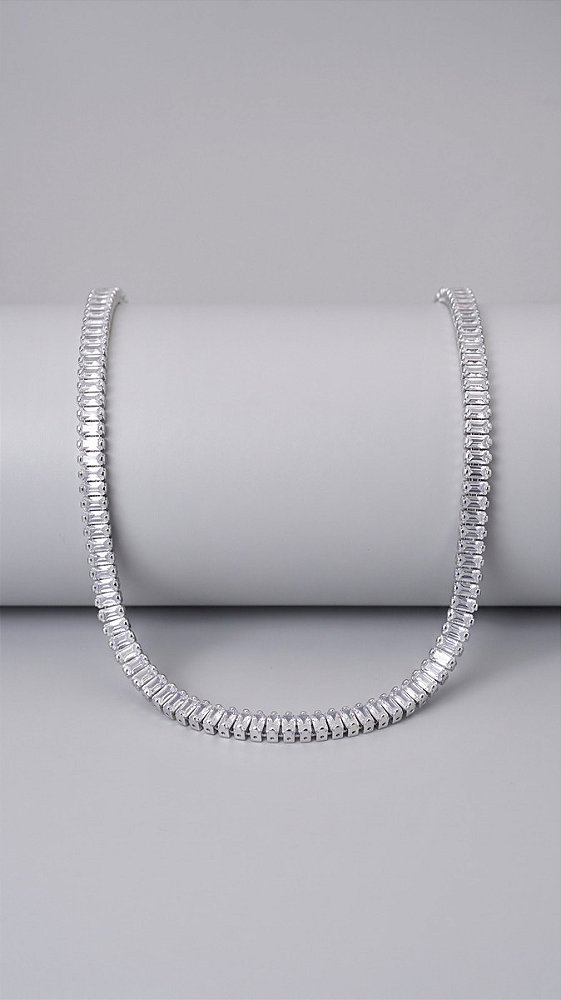 Colar Riviera Baguete 3mm Zircônias Banho Ródio Branco