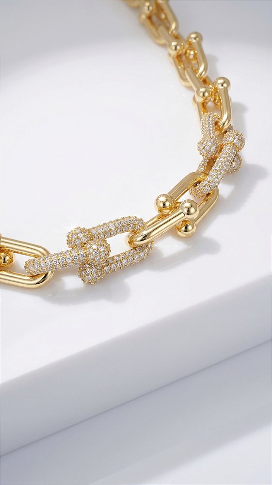 Colar Elos Premium Cravejado Zircônias Banho Ouro 18K