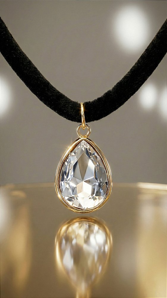 Colar Veludo Preto Pingente Gota Cristal Dourado