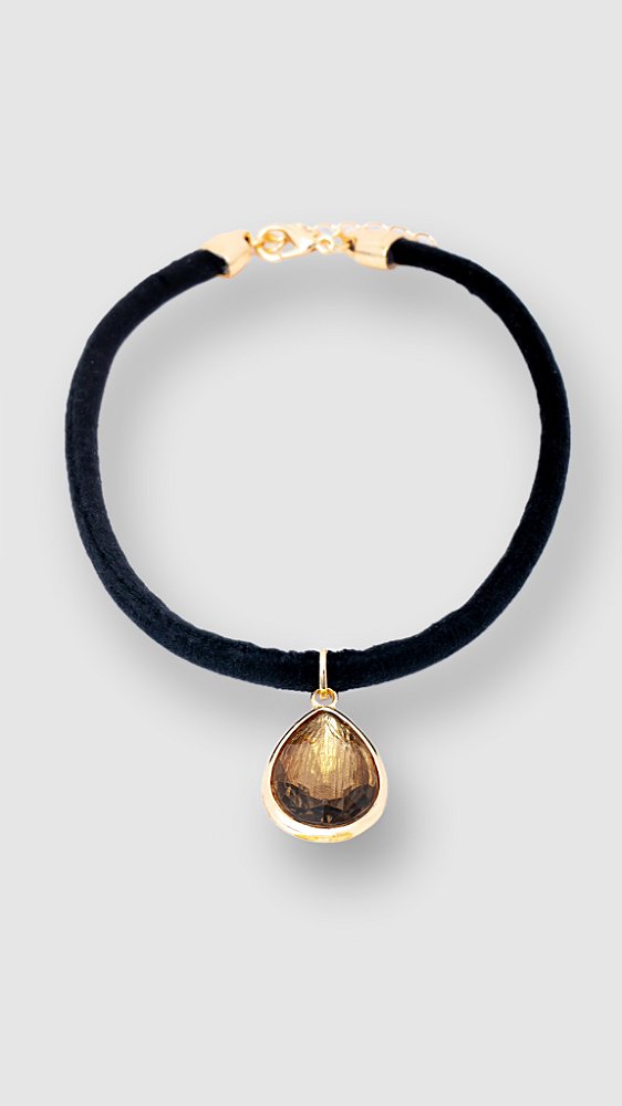 Colar Veludo Preto Pingente Gota Cristal Marrom Dourado
