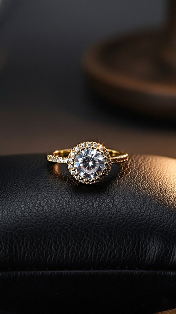 Anel Zircônia Redonda Dourado Ajustável