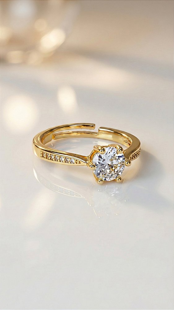 Anel Solitários 6 Pontas Zircônia Dourado Ajustável