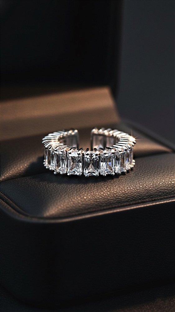 Anel Riviera Baguete Baguete 4 Pontas Cristal Prata Ajustável