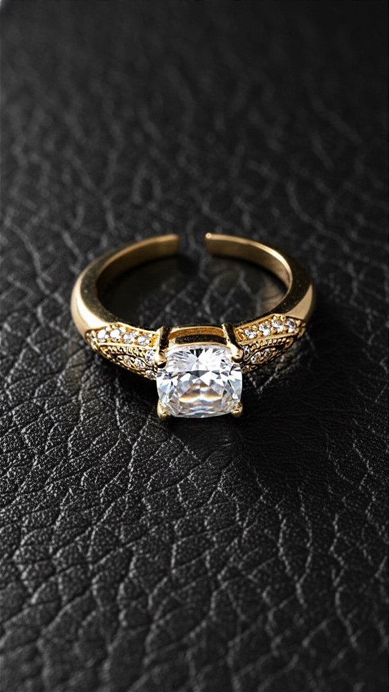 Anel Solitário Quadrado Zircônia 4 Pontas Dourado Ajustável