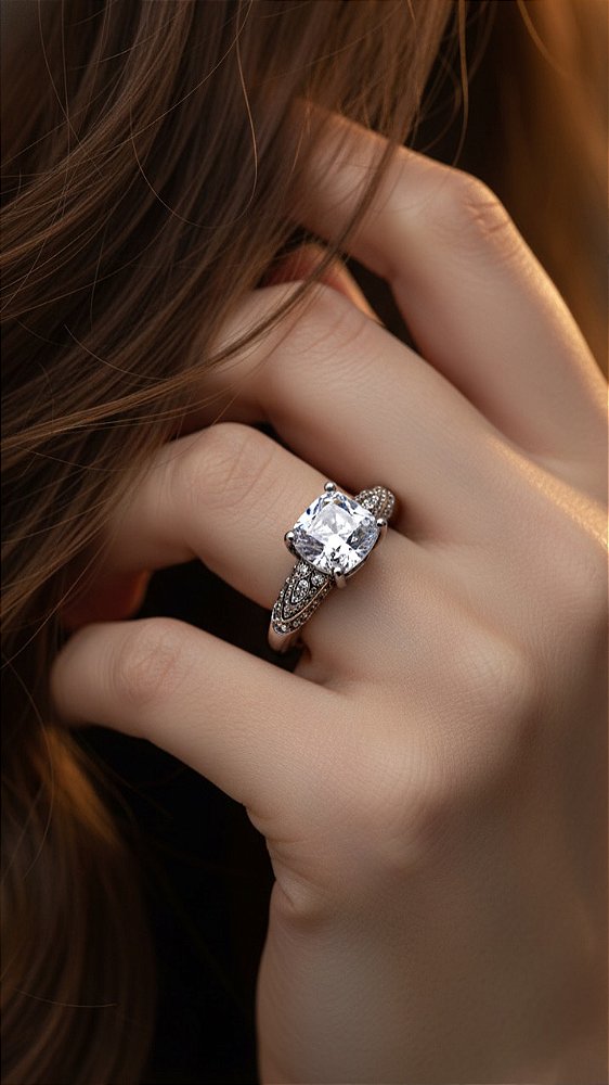 Anel Solitário Quadrado Zircônia 4 Pontas Prata Ajustável