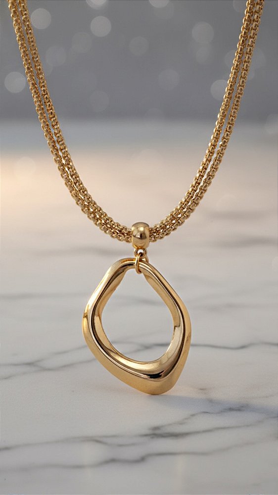 Colar Dupla Correntaria Pingente Orgânico Dourado