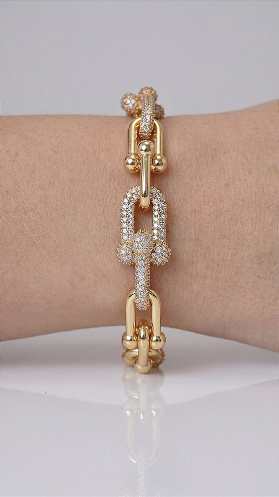 Pulseira Elos Premium Cravejado Dourado